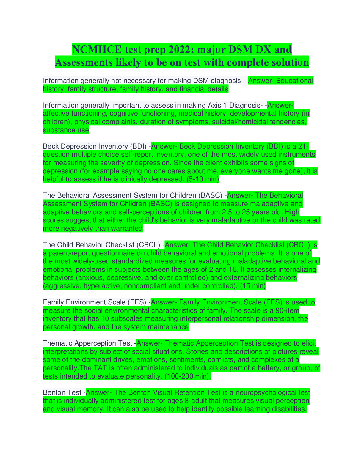 Preview image for NCMHCE test prep 2022; major DSM DX and Assessments likely to be on test with complete solution
